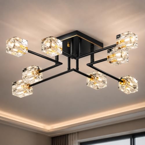 8 Light Crystal Semi Flush Mount Ceiling Light (Black+Gold (8-light))