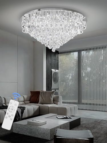 40in Modern LED Crystal Chandelier for Living Room Ceiling Light Fixtures Flush Mount Chandeliers Ceiling Chandelier for Foyer Hallway Dining Room (Silver / 40inch)