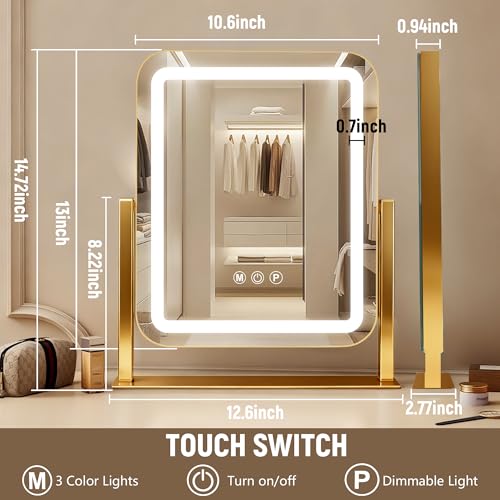 Gold Vanity Mirror with Lights 15"×13" (Gold / 13"L x 15"W)