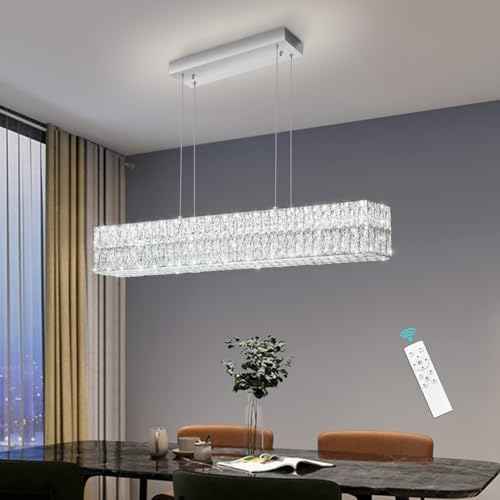40 Inch Glam Crystal Chandelier Modern Dimmable Crystal Chandeliers LED Rectangular Ceiling Light Fixtures for Dining Room Living Room Silver (Silver / Long 40")