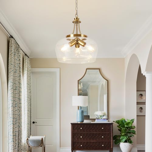 Modern Pendant Lights Kitchen Island (3-Light-Brushed Gold-Clear Glass-14.2"(Easy To Install))
