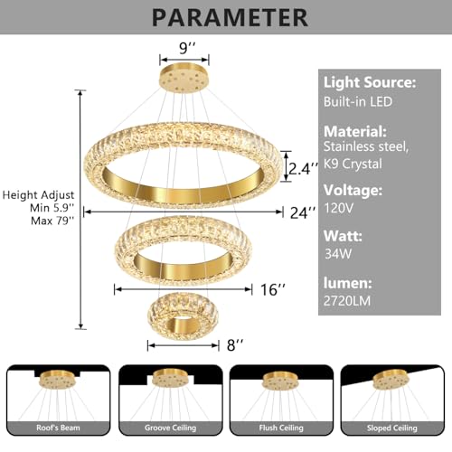 23.6" 3 Ring Crystal Chandelier Modern LED Dimmable Ring Pendant Light Round Chandelier for Dining Room Living Room Gold (Gold / 3 Ring Round 24")