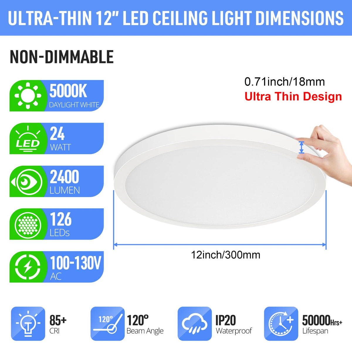 2 Pack 12" LED Flush Mount Ceiling Light 5000K (Daylight White)