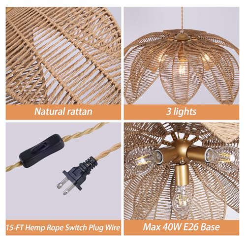 Rattan Plug in Pendant Light with 15FT Hemp Rope Cord Boho Light Fixture Can accommodate 3*E26 Bulbs of Woven Wicker Chandelier for Living Room Bedroom Dinning (DW-007-3P)