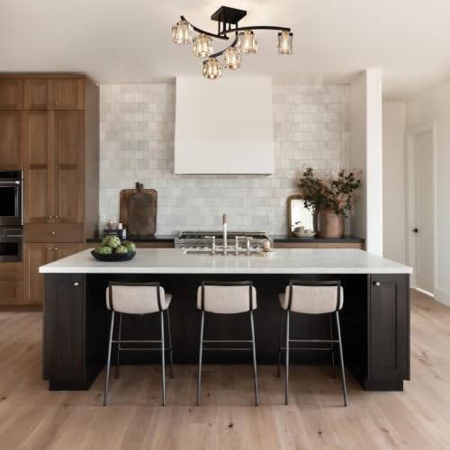 6 Lights Modern Sputnik Ceiling Light Fixture Black Crystal Semi Flush Mount Ceiling Light Farmhouse Chandeliers for Dining Room Living Room Kitchen Island Bedroom Entryway (Black / 6-Light)