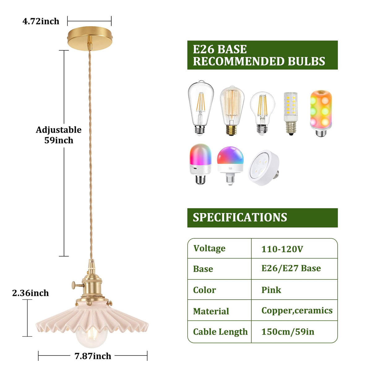 Pendant Light 2 Pack with Pink Pleated Ceramic Lmapshade (Pleated Pink)