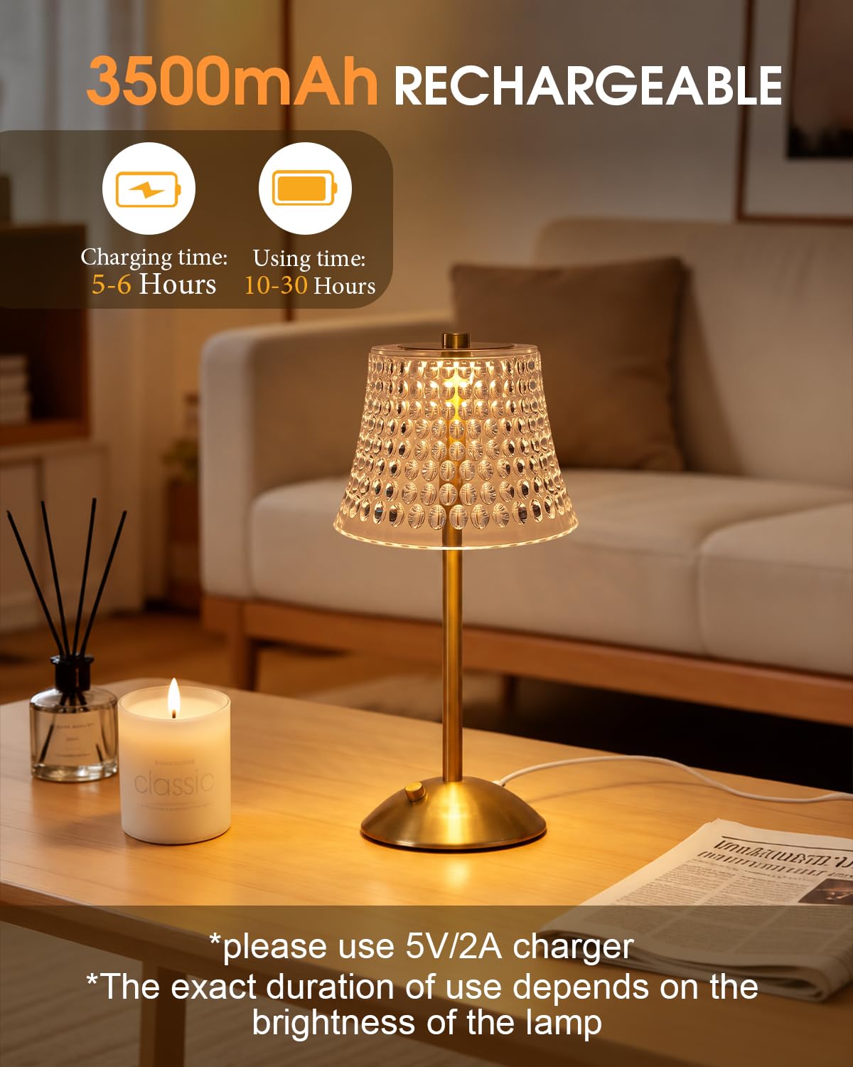 Rechargeable Cordless Table Lamp (Gold-Bubble Dot)