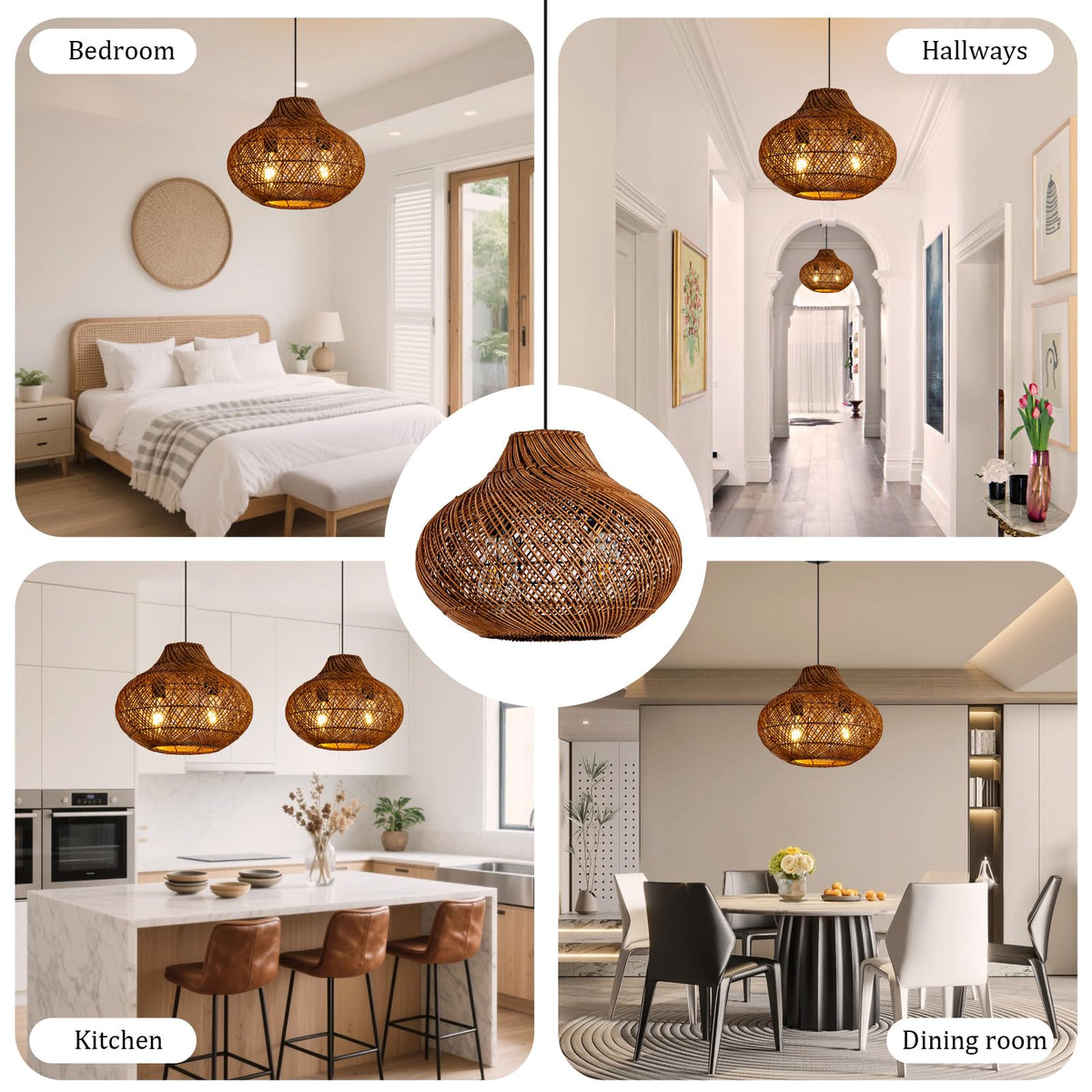 15" Rattan Pendant Light (Metal+Brown / 14.96" 2-Light)