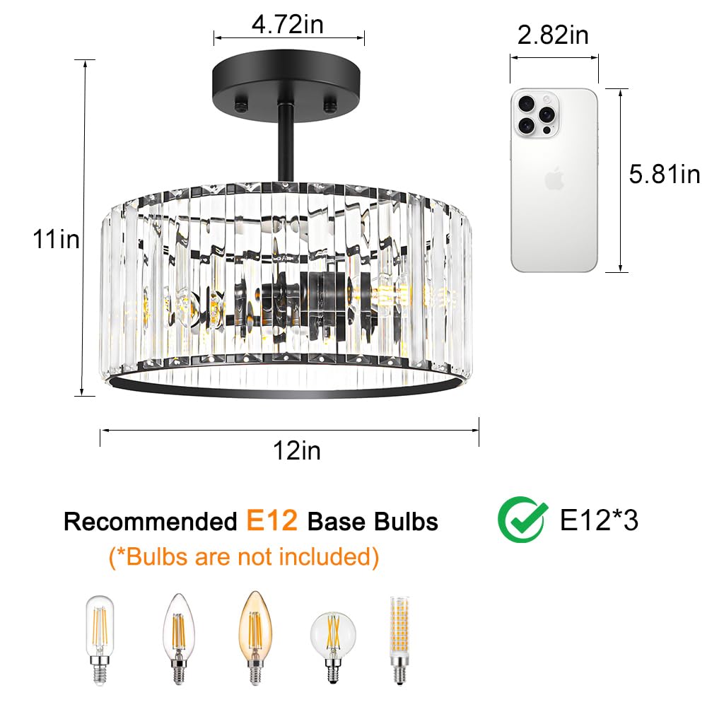 Modern Crystal Ceiling Light (12in - 3 light / Black)