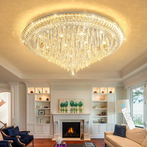 Modern LED Crystal Chandelier for Living Room Dimmable Large Ceiling Light Fixture Round Raindrop Chandeliers for Dining Room Entryway Bedroom Foyer Silver (Silver / W40")