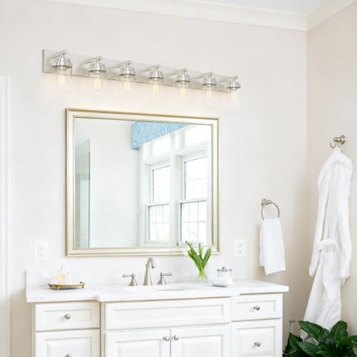 Bathroom Vanity Light Fixture (Nickel-Clear Glass Shade / 52 inch-7-Light)