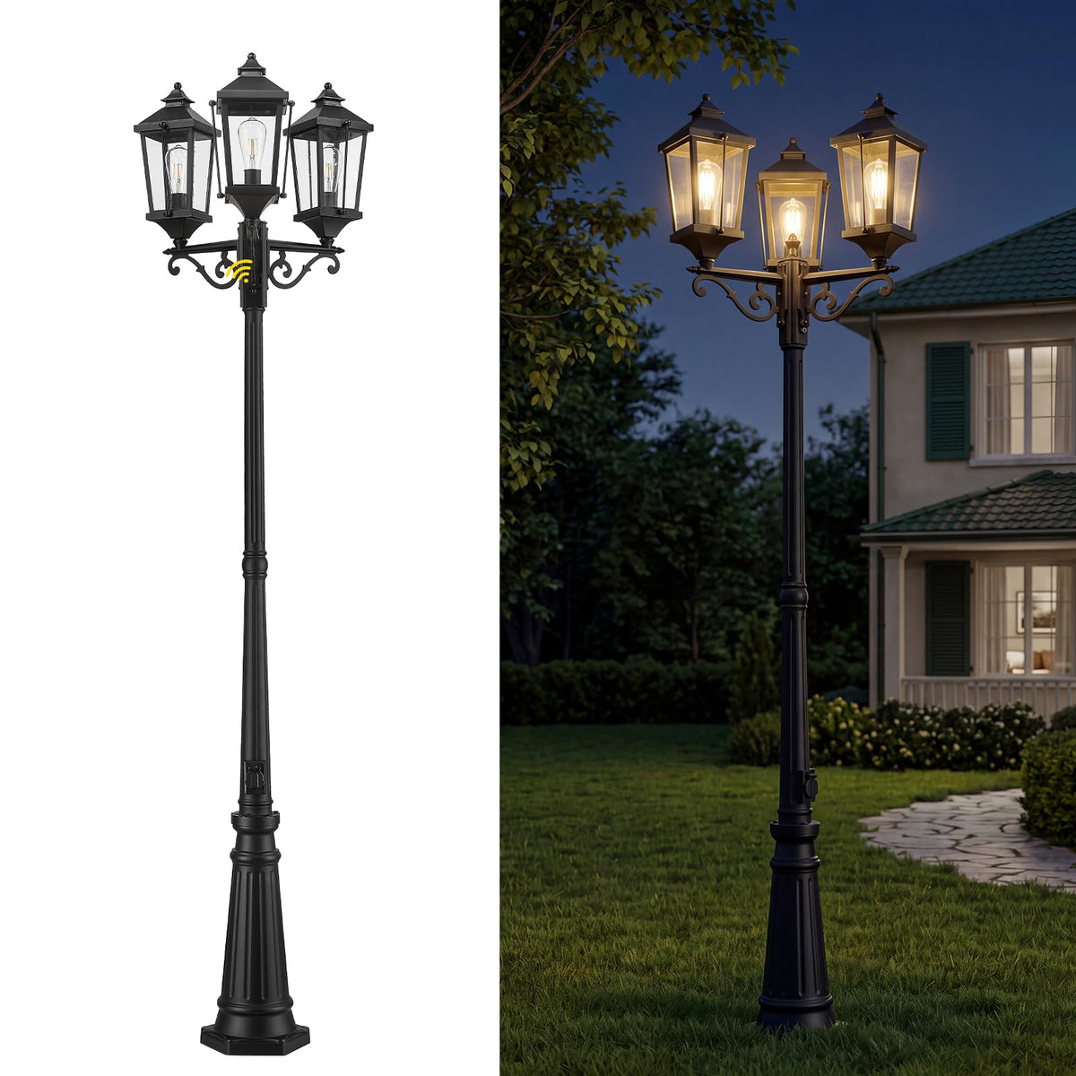 91 Inch 3 Light Black Post Light with GFCI Outlet (Black - Seeded Glass / 91 Inch - Dusk to Dawn+GFCI)