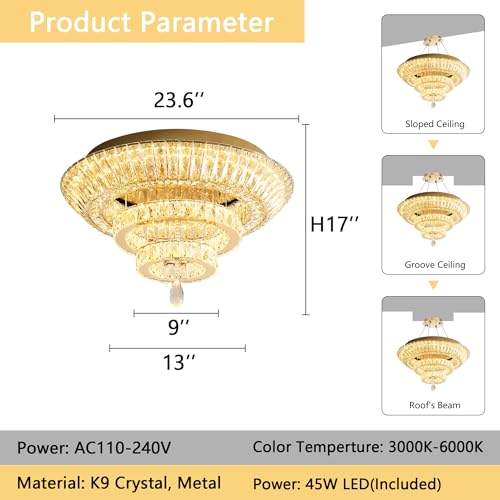 Gold Crystal Chandelier for Dining Room Modern Ceiling Light Fixture 45W Dimmable LED Chandeliers for Living Room Bedroom (Gold / W24"-Ring)