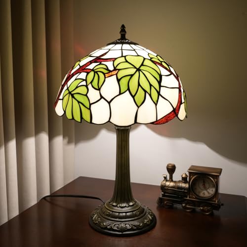 12 Inch Tiffany Lamp Grape Leaf Stained Glass Bedroom Table Lamps Village Retro Country Style For Living Room Side Bedside Kitchen Nightstand Office Dormitory Home Decor Accent Reading Desk Light (Leaf Lamp)