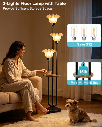 Flower Floor Lamp for Living Room Dimmable Vintage Floor Lamp with Shelf & Bulbs Included Mid Century Black Floral Standing Tall Lamp for Bedroom (3U-U-Black)