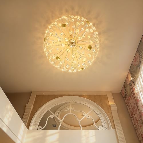 Crystal Sputnik Firework Chandelier LED Ceiling Chandelier for Bedroom Kitchen Island Hallway Entryway Crystal Firework Close to Ceiling Light (Gold Ceiling / Dia 24inches)