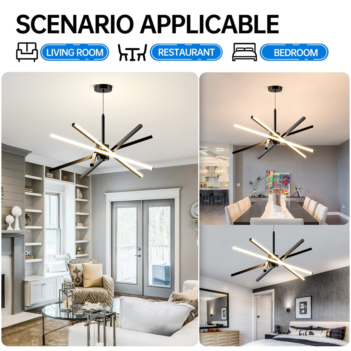 Modern Sputnik Chandelier Ceiling 82W LED Black Pendant Light Embedded Mount Chandeliers Dining Room Light Fixtures Over Table Dimmable with Remote Control for Living Room Kitchen Bedroom 31.5 inches (5-Lights Black)