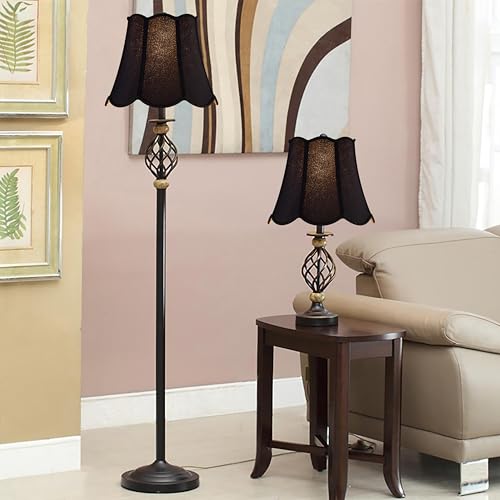 Black Wavy Floral Scalloped Lamp Shades Set of 2 Medium (Black & Gold-natural faux silk / 8"×13"×11" (Spider)-2 pcs)