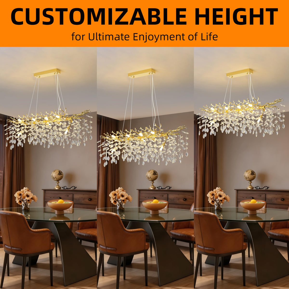 Modern Crystal Tree Branches Chandelier (Gold / Rectangular 40")