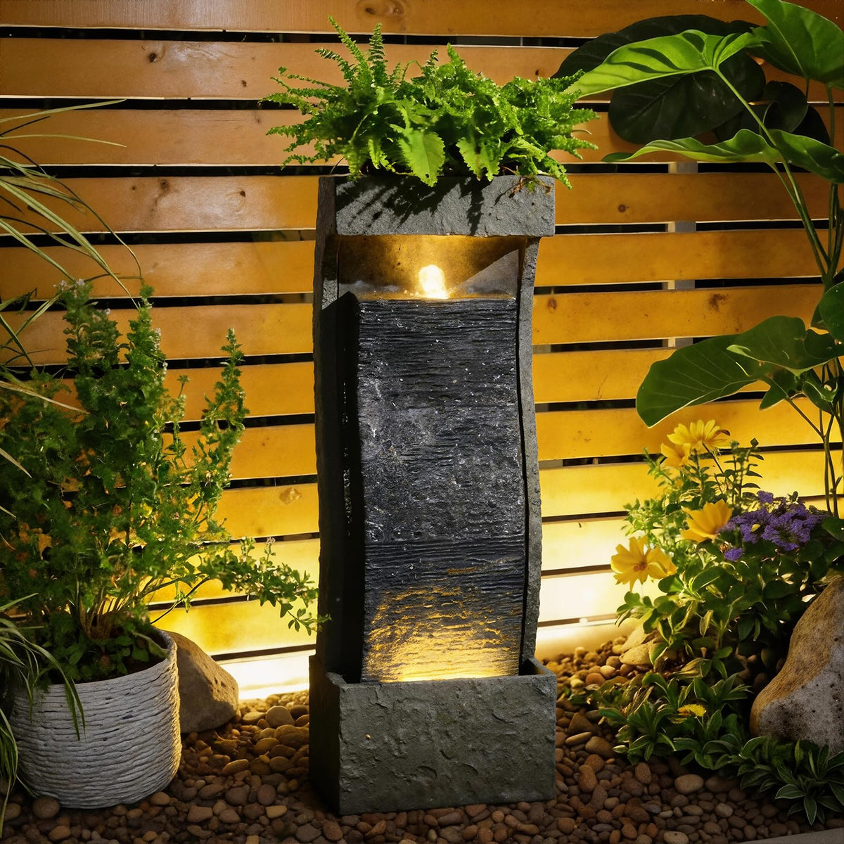 35H Modern Outdoor Water Fountain with Warm Light (35" Tall / Grey-35")