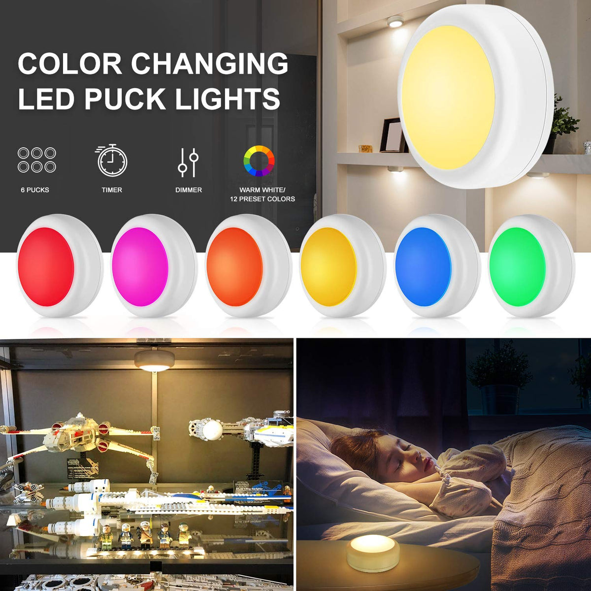 LED Puck Lights with Remote Control (White / 2 Pack)