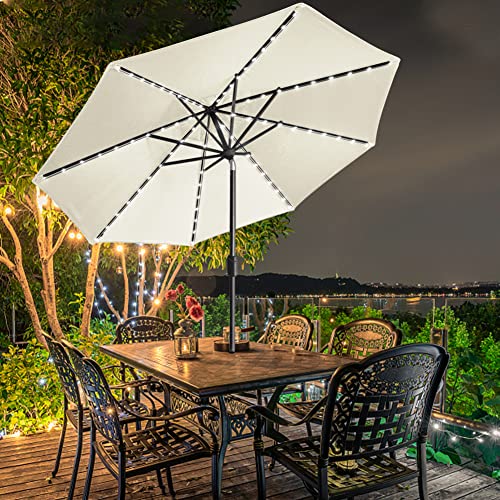 USA 10-Year-Non-Fading 9ft Market Patio Umbrella, Commercial Grade Table Sun Umbrella with 80 Solar LED Lights, Crank Open, Windproof & UPF 50+ UV Protection for Garden, Deck, Pool, Backyard, Natural (Natural / 9 FT(Single Vent Tilt))