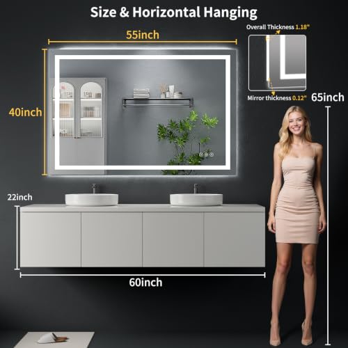 55"x40" LED Bathroom Mirror with Lights (Frontlit & Backlit / 55"L x 40"W)