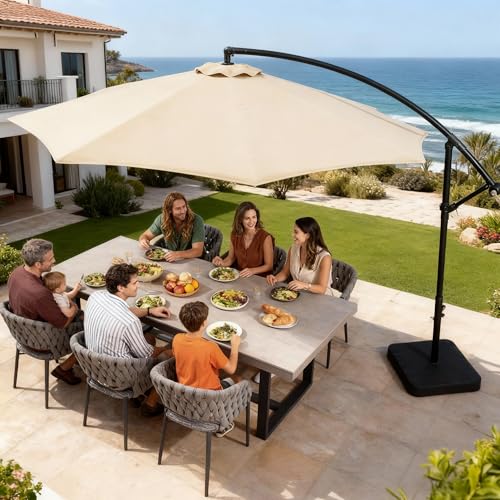 10FT Cantilever Offset Patio Umbrella with Base and Umbrella Cover (Wheat / 10FT w/ BASE)