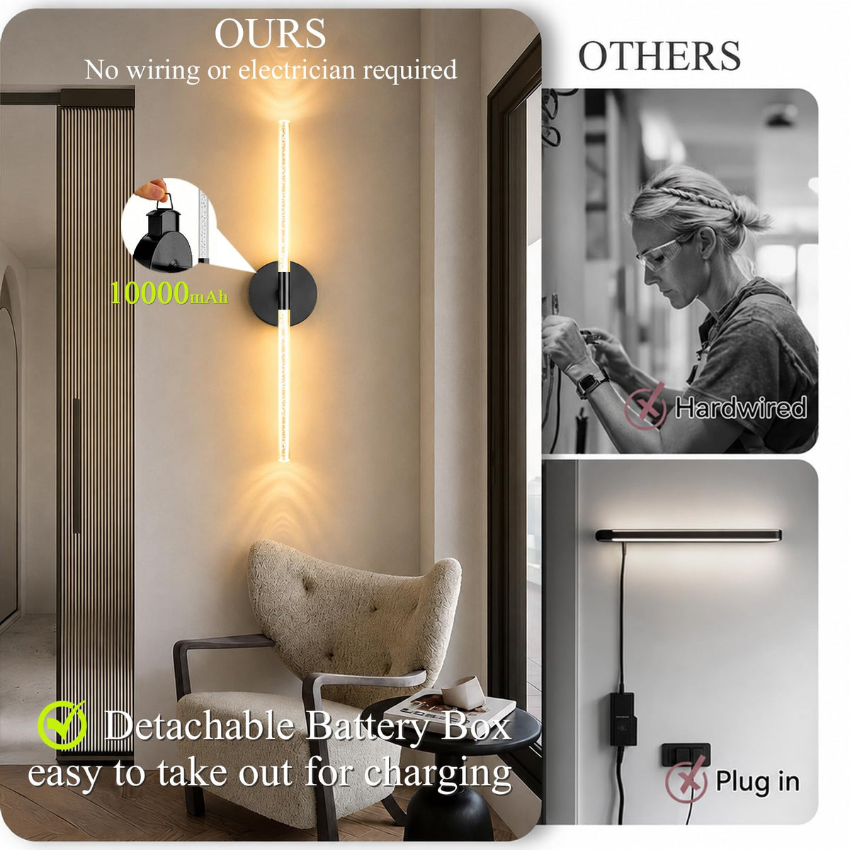 10000mAh Battery Operated Wall Sconce Lights Set of 2 (Bubble Crystal Black / Set of 2)