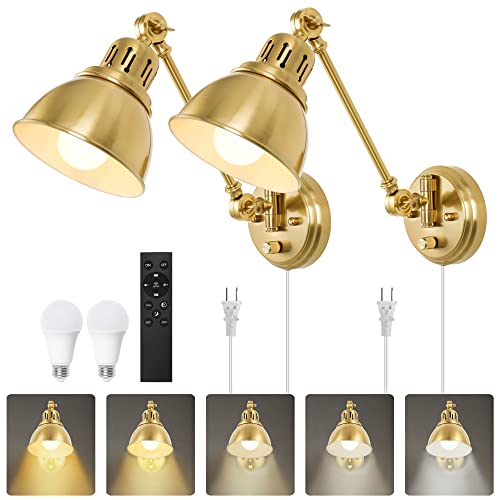 Plug in Wall Sconces Set of Two with Remote (Gold-2 PACK(Bulbs+Remote))