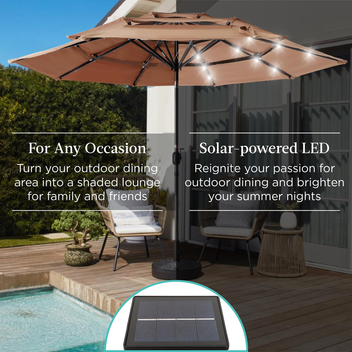 10ft 3 Tier Solar Patio Umbrella (10ft / Tan)