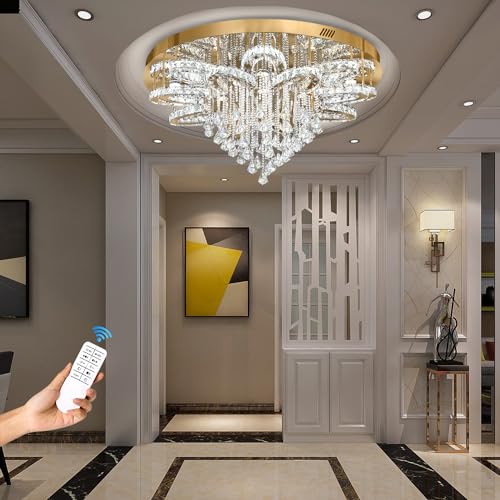 W48 Large Crystal Chandelier Crystal Flush Mount LED Gold Ceiling Light Fixture for Living Room Foyer Dining Room Hallway Dimmable 2700k 4500k 6000k (Gold / W:48inches)