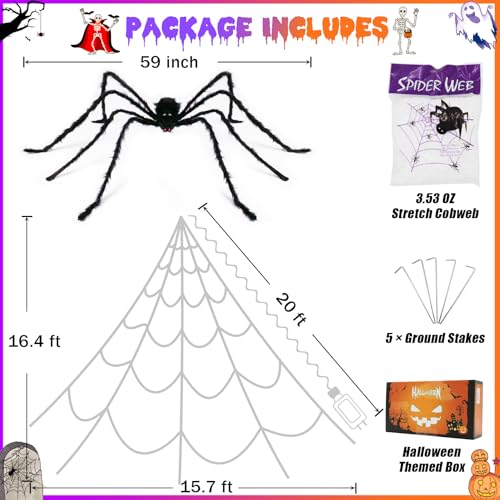 Halloween Spider Web Lights Decoration 455 LED Spider Webs Halloween Decorations Outdoor with 59" Large Spider & 3.53 oz Stretch Cobweb 16.4 Ft Light Up Giant Spider Web with 8 Modes & Timer