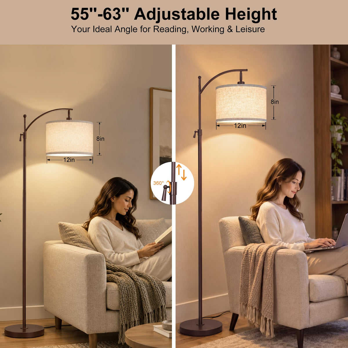 Modern Brown Floor Lamp Adjustable Height 55 (Brown+Beige Shade-Arc)