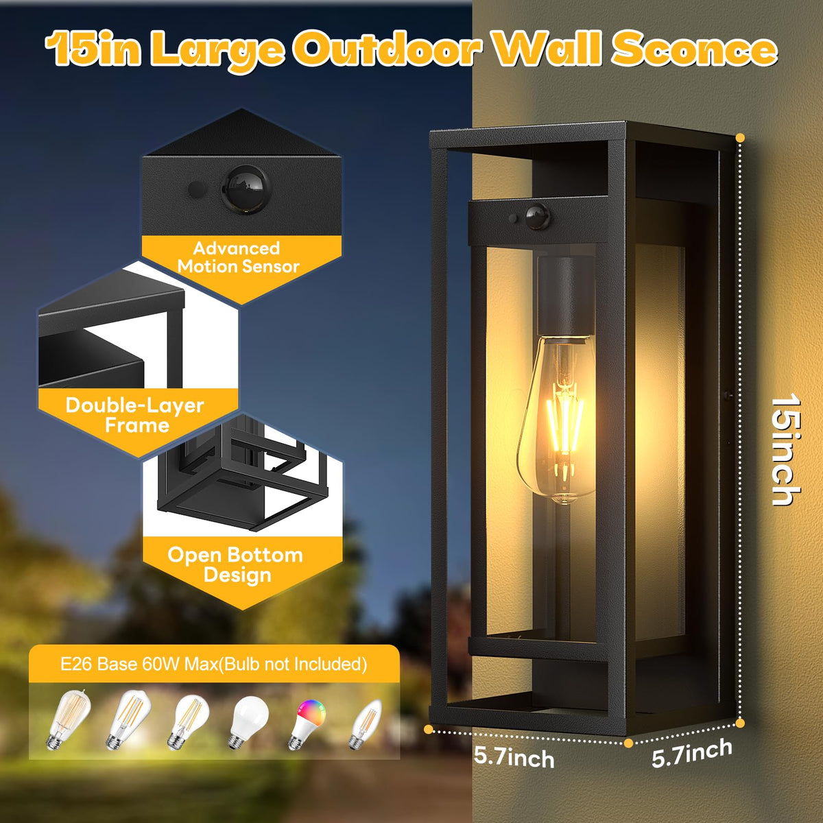 15in Motion Sensor Outdoor Wall Sconce Exterior Lighting Fixture (Montion Sensor / 15in)