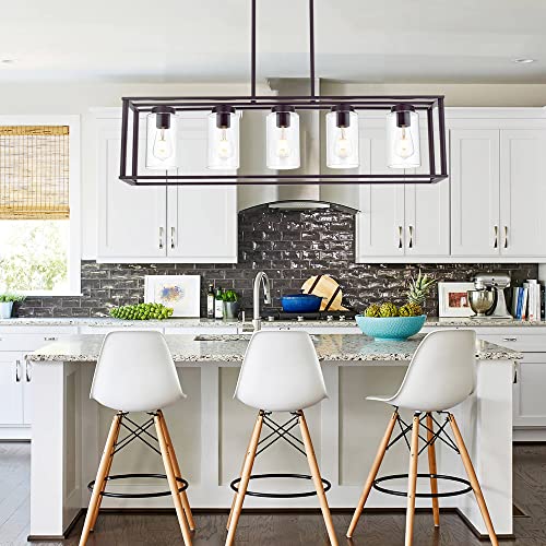 5 Light Kitchen Island Chandeliers Oil Rubbed Bronze Modern Linear Cage Pendant Lighting with Clear Glass Shades Farmhouse Ceiling Light Fixtures Hanging for Dining Room Living Room (Oil-Rubbed Bronze / 5 Light)