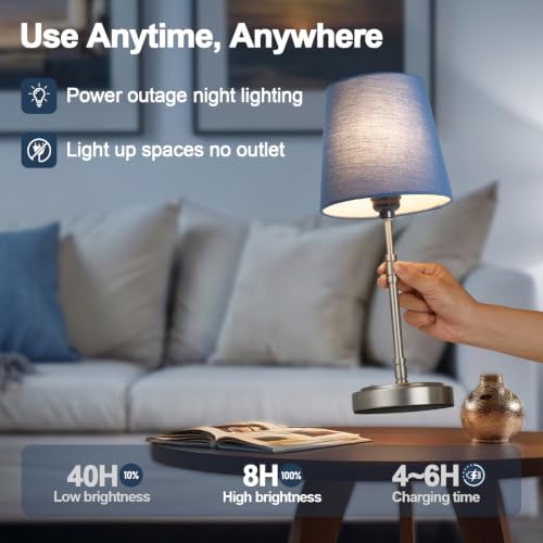 Cordless Table Lamps Set of 2 (Brushed Nickel + Blue Lampshade (2 Pack))