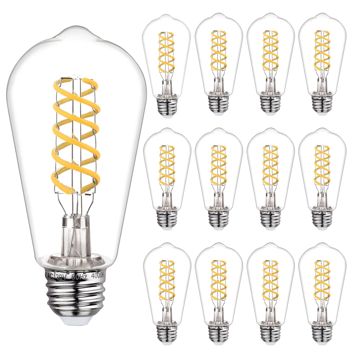 12 PCS ST58 Dimmable Spiral Vintage E26 LED Bulb 60 Watt LED Edison Bulbs (4000k 12pack)