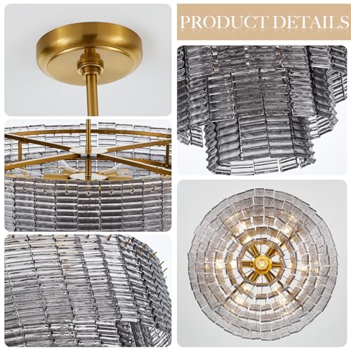 Dia 32.5 Inches Large Modern Smoke Gray Glass Chandelier Brass Finish (Smoke Gray Glass)