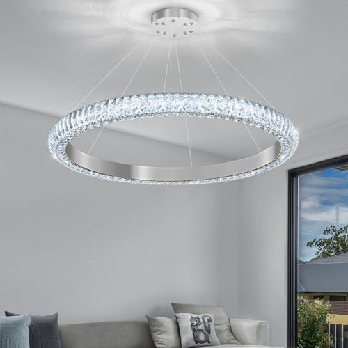31.5" 1 Ring Crystal Chandelier Modern LED Dimmable Ring Pendant Light Chandelier for Dining Room Living Room Silver (Silver / 1 Ring Round 32")