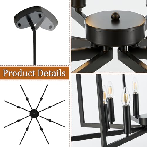 6 Light Wagon Wheel Chandelier Black Modern Farmhouse Light Fixture with Glass Shade Ceiling Hanging Pendant Light for Dining Room Living Room Kitchen Island Entryway Foyer