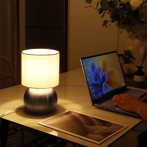 Modern Silvery Small Table Lamp with Cotton Linen Shade (Pack of 1 / Silvery)