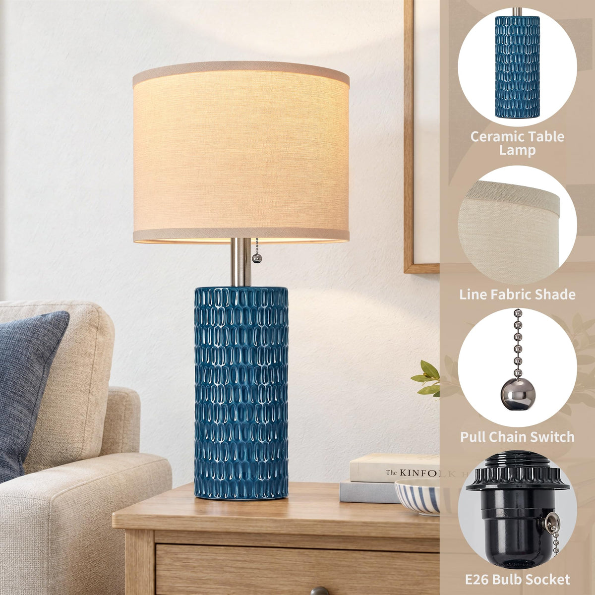 20.5” Modern Ceramic Table Lamps for Bedroom Set of 2 (Blue-1)