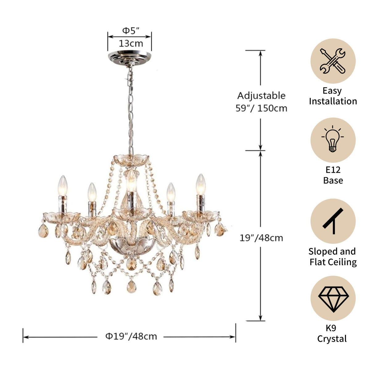 Saint Mossi Crystal Chandelier (Amber Crystal / W19" 1 Tier)