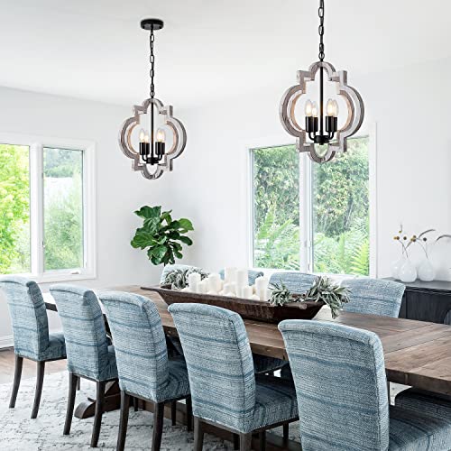 4 Light 15" Farmhouse Orb Chandelier Rustic Handmade Distressed White Wood Hanging Ceiling Pendant Light Fixture Wood Lantern Chandeliers for Dining Room Kitchen Bedroom Foyer Hallway (Textured-White / D15" x H17" 4-Light)