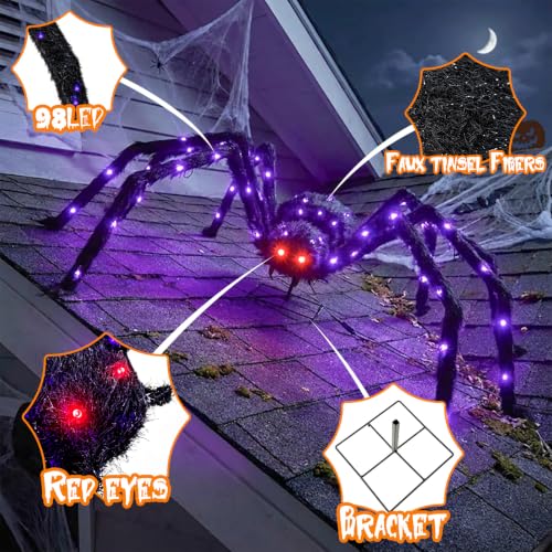 Halloween Decorations Outdoor Giant Spider Light Up Spider 4.3Ft Lighted Large Spider with 6 Modes and 100 LED Purple Lights