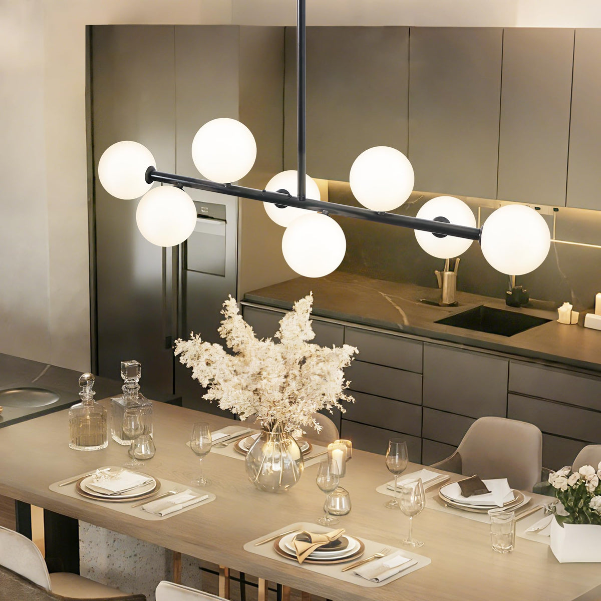 8 Light Linear Chandelier Modern Sputnik Dining Room Light Fixture (Black and White / 8 Light)