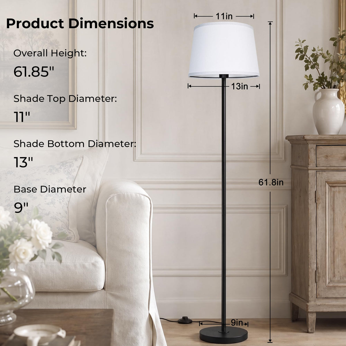 61.8" Floor Lamp for Living Room (Black+White Shade)
