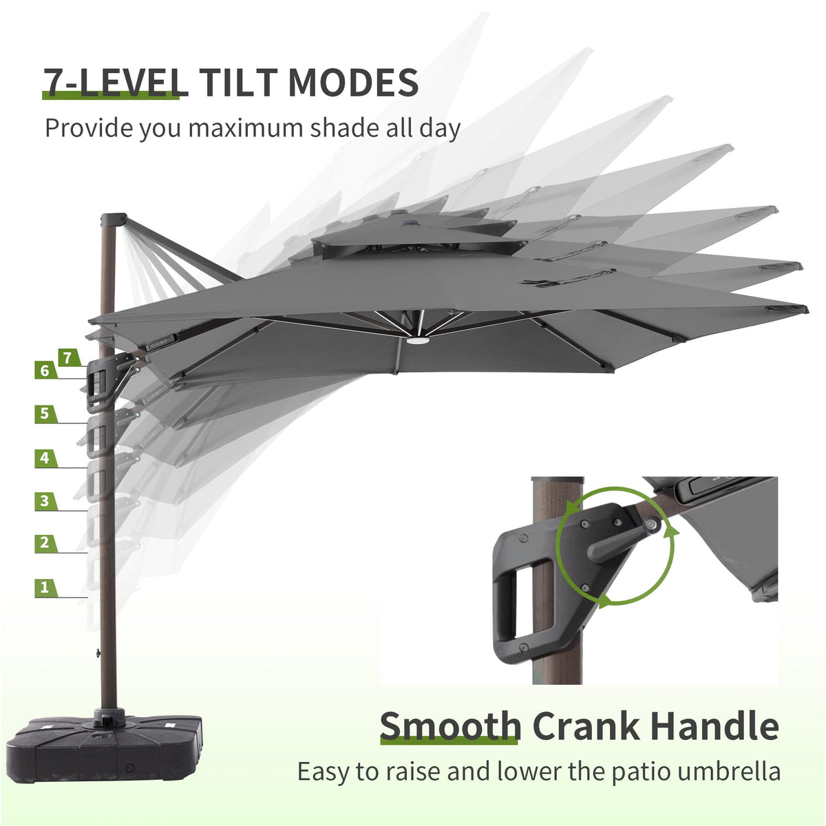 9x12 FT Cantilever Offset Patio Umbrella with Lights & Base (Grey)