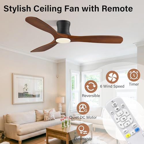 52” Wood Smart Low Profile Ceiling Fans with Lights and Remote (Walnut Wood& Black)